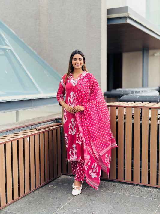 coral Pink Embroidered Kurta Set with Tonal Dupatta
