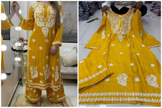 Yellow Chikankari Embroidered Kurta Palazzo Set For Women