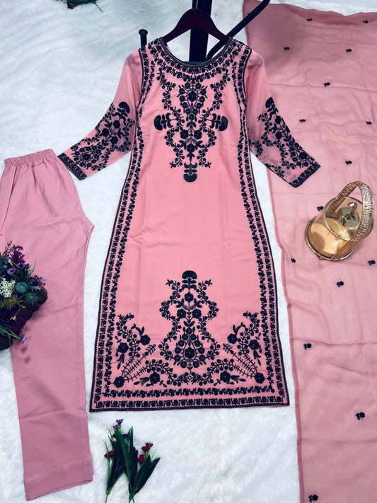 Pink And Black Embroidered Straight Kurta Pant Dupatta Set For Women