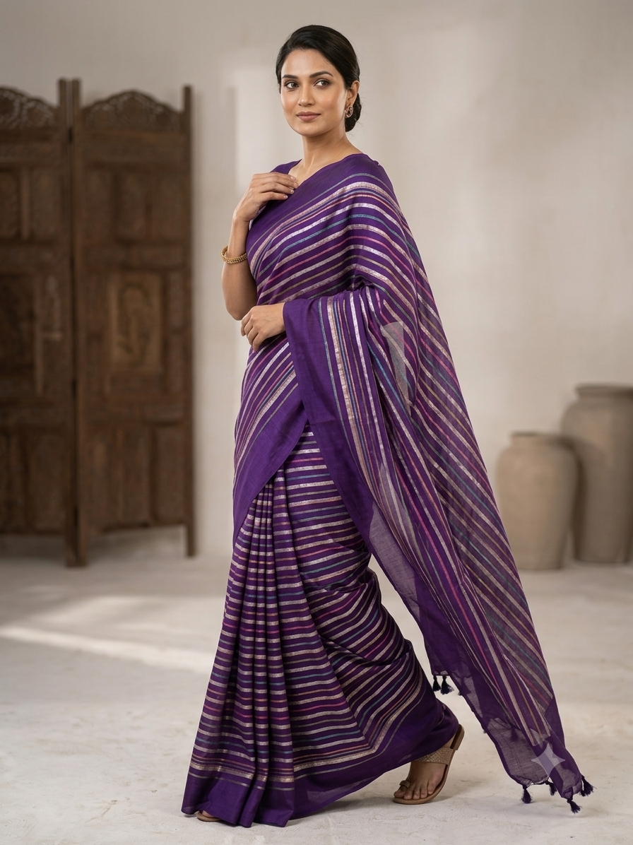 Purple Silk Gold Striped Woven Saree With Blouse Piece For Women