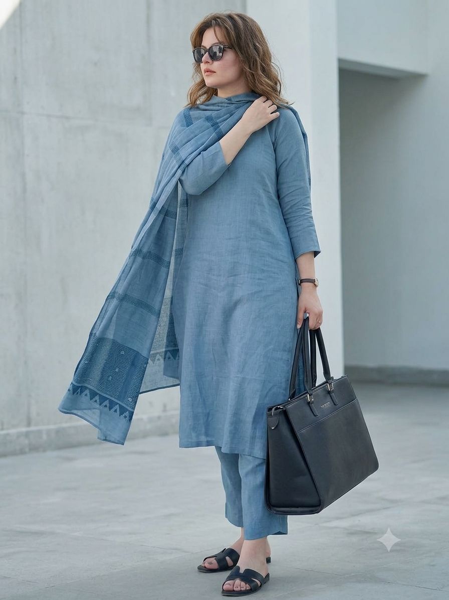 Blue Cotton Printed Straight Kurta With Pants And Dupatta For Women