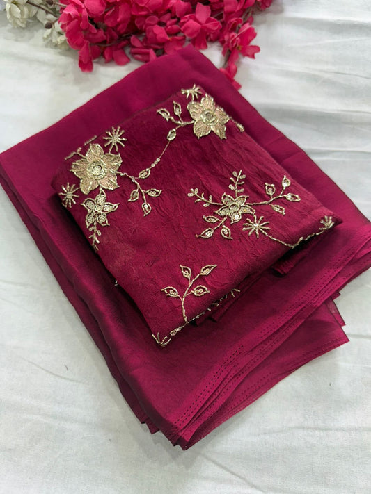 RANGOLI CRUSH SOLID SAREE WITH SEQUENCE EMBROIDERED BLOUSE