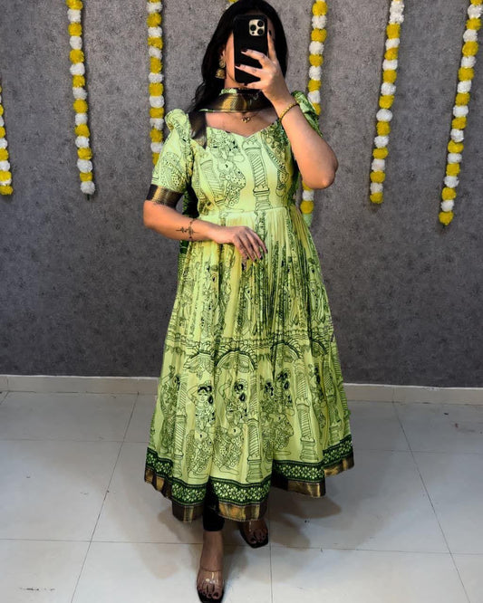 Green Kalamkari Print Anarkali Gown With Dupatta For Women