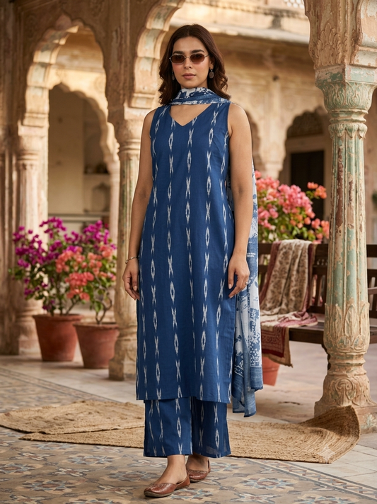 Blue Woven Design Cotton Straight Suit with Dupatta
