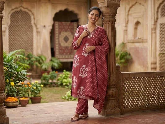 Floral Motif Print Straight Kurta With Trousers & Dupatta