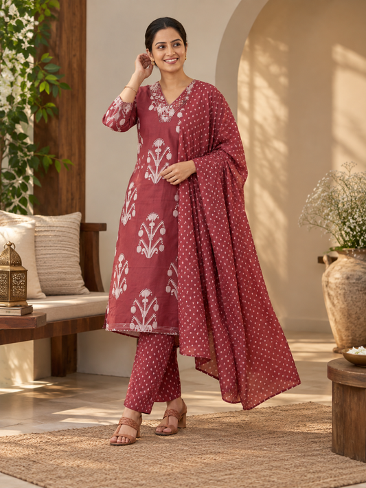Floral Motif Print Straight Kurta With Trousers & Dupatta