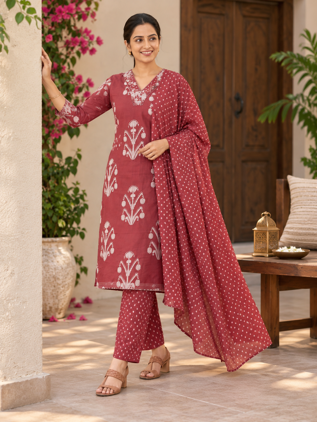 Floral Motif Print Straight Kurta With Trousers & Dupatta