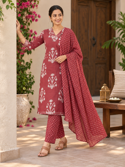 Floral Motif Print Straight Kurta With Trousers & Dupatta