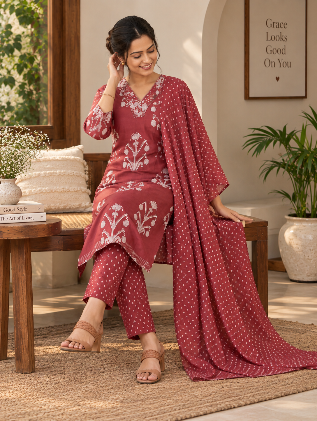 Floral Motif Print Straight Kurta With Trousers & Dupatta