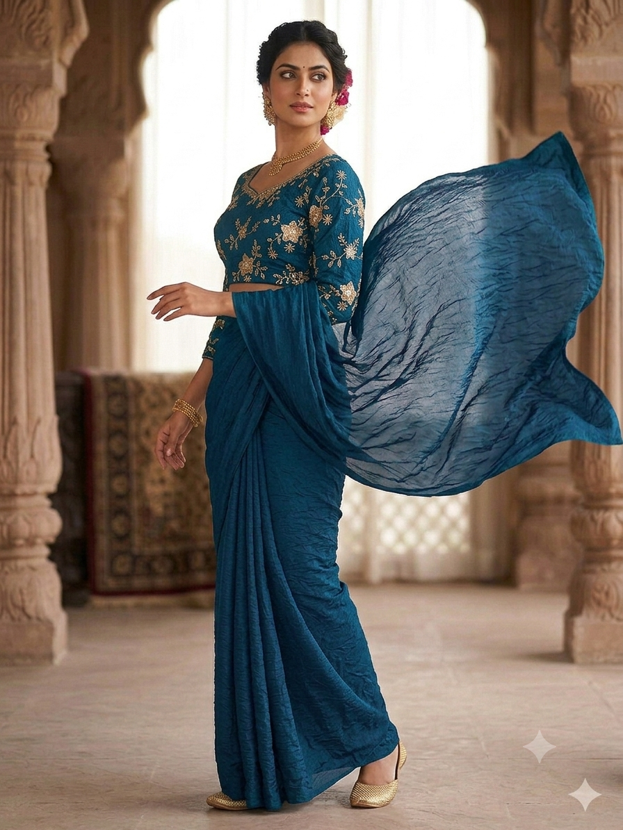 Pure rangoli crush saree with embroidered work blouse.