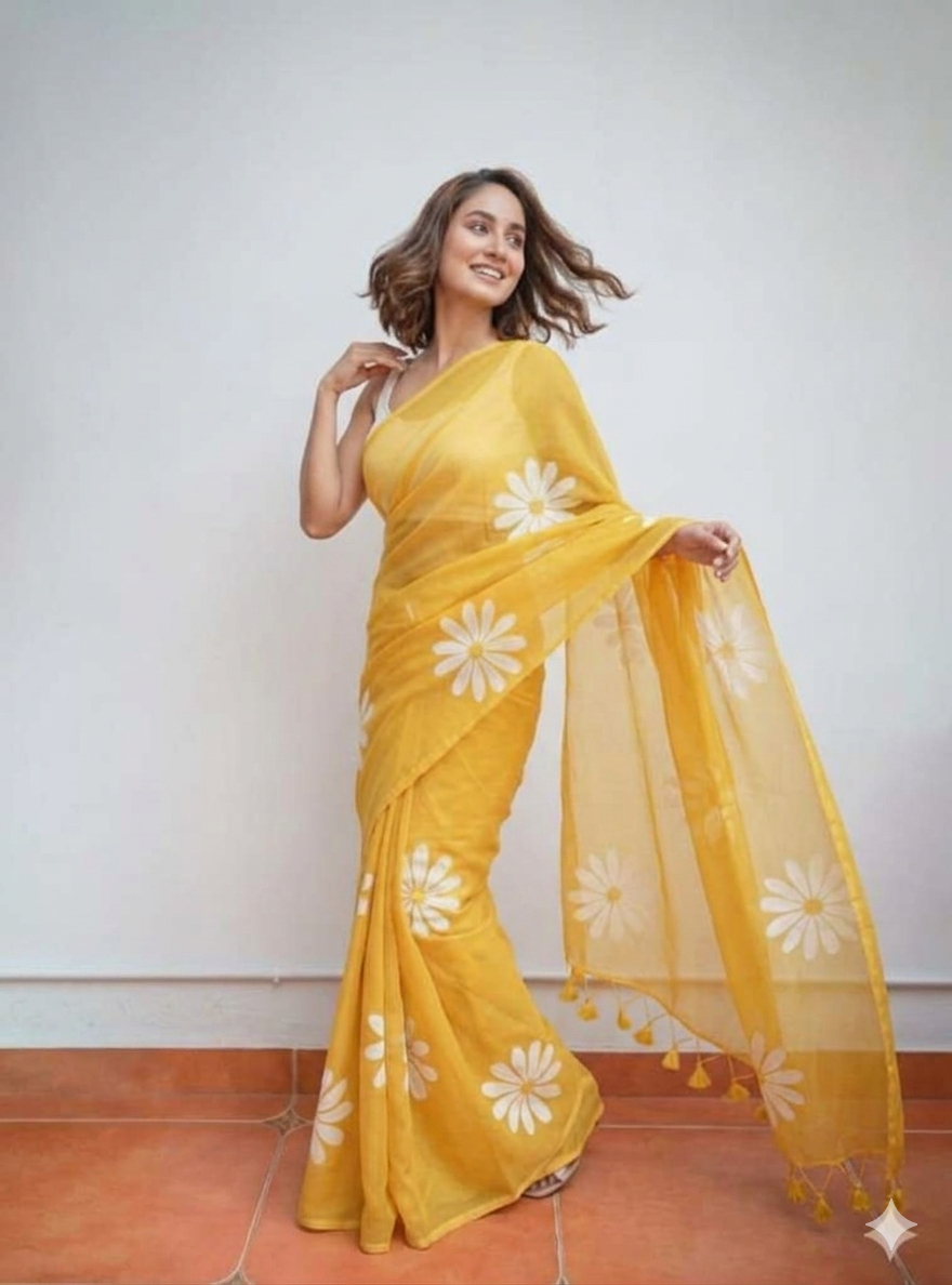 digital print linen saree