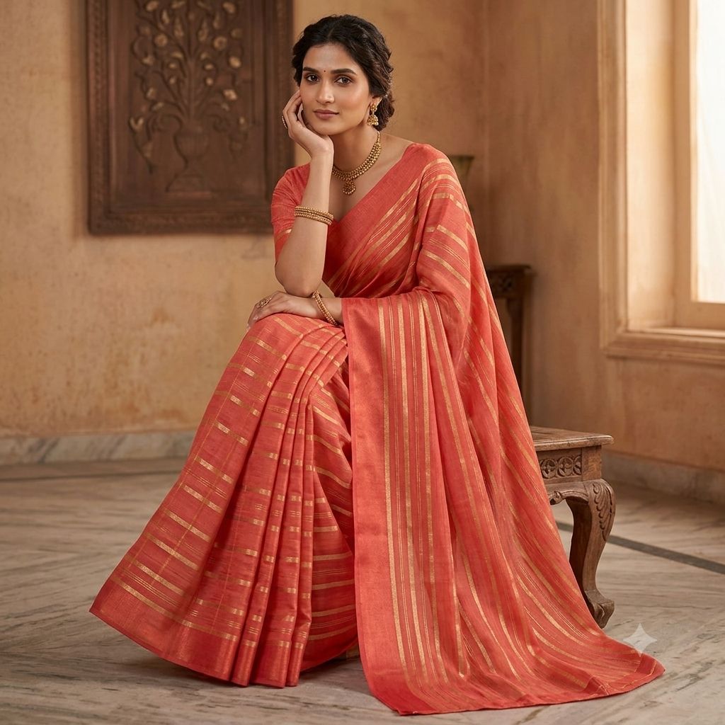 Red Silk Golden Zari Striped Border Saree For Women