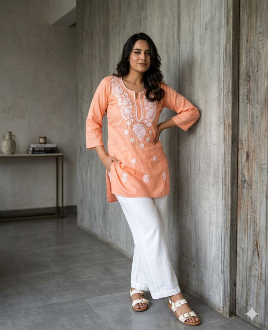 Peach Color Short Kurtas With White Chikankari Embroidery Work