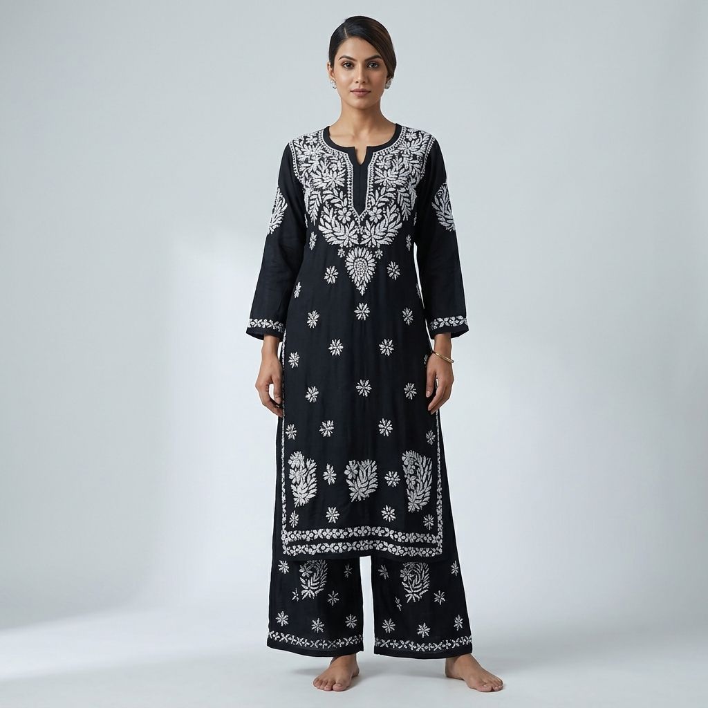 Black Cotton Chikankari Embroidered Kurta Palazzo Set For Women