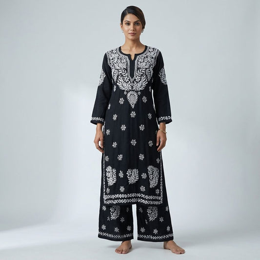 Black Cotton Chikankari Embroidered Kurta Palazzo Set For Women