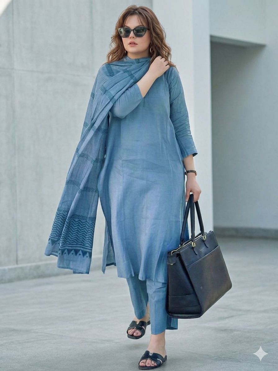 Blue Cotton Printed Straight Kurta With Pants And Dupatta For Women