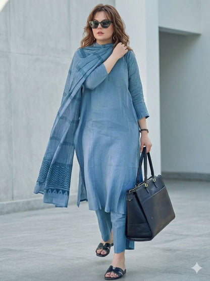 Blue Cotton Printed Straight Kurta With Pants And Dupatta For Women