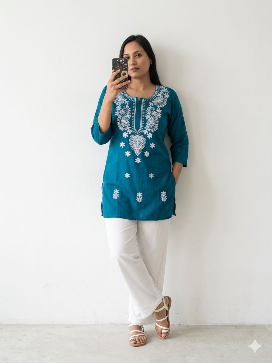 Teal blue Short Kurtas With White Chikankari Embroidery  Work