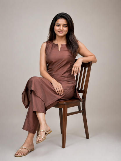 Sleeveless kurti with pants.