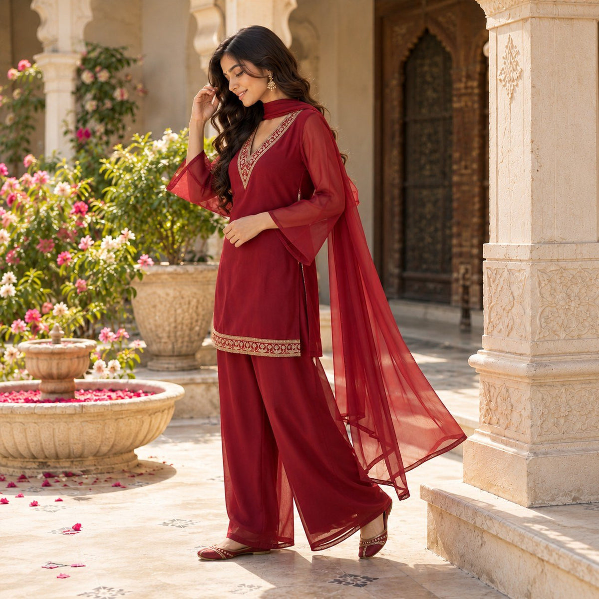 Red Georgette Sharara Set