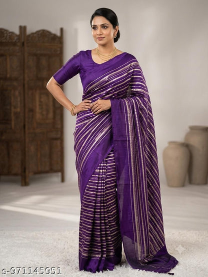 Purple Silk Gold Striped Woven Saree With Blouse Piece For Women