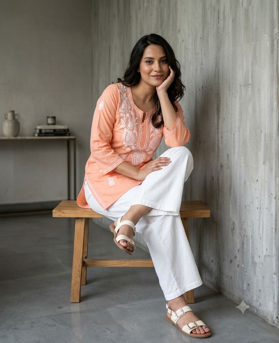 Peach Color Short Kurtas With White Chikankari Embroidery Work