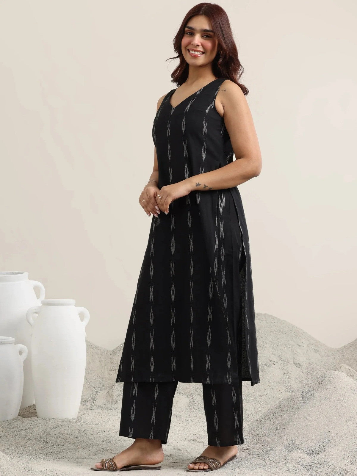 Black Woven Design Cotton Straight Suit with Dupatta.