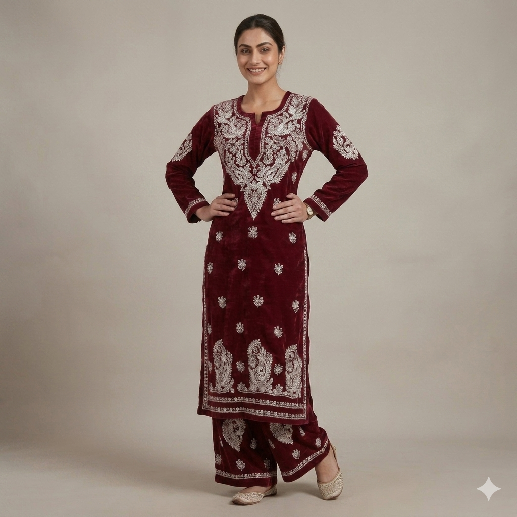 Maroon Cotton Chikankari Embroidered Kurta With Palazzo