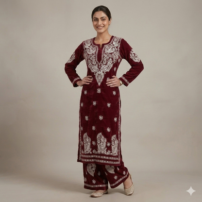 Maroon Cotton Chikankari Embroidered Kurta With Palazzo
