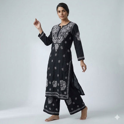 Black Cotton Chikankari Embroidered Kurta Palazzo Set For Women