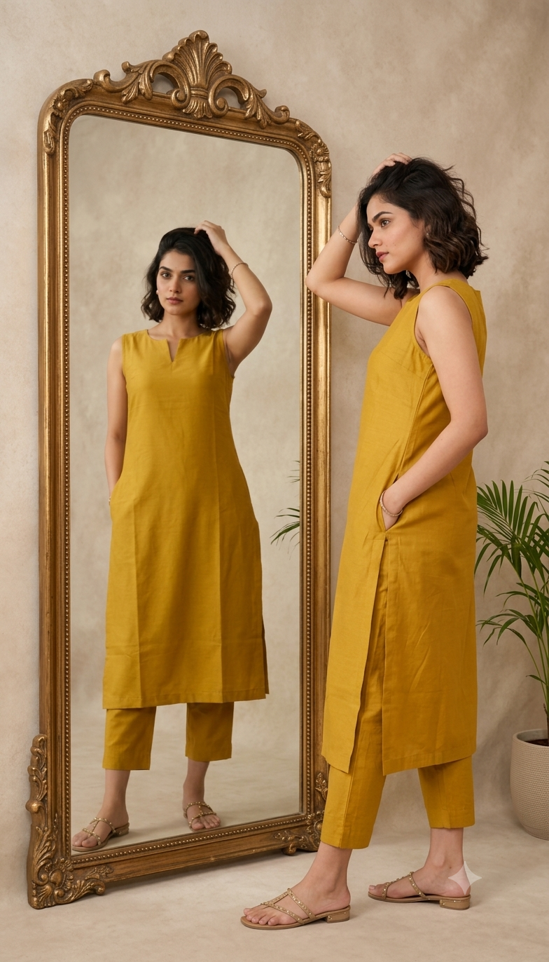 Sleeveless kurti with pants.
