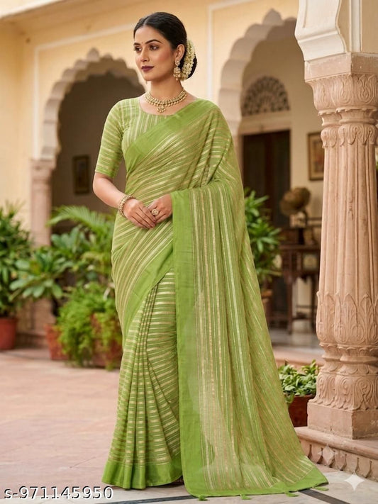 Green Silk Zari Striped Saree With Unstitched Blouse