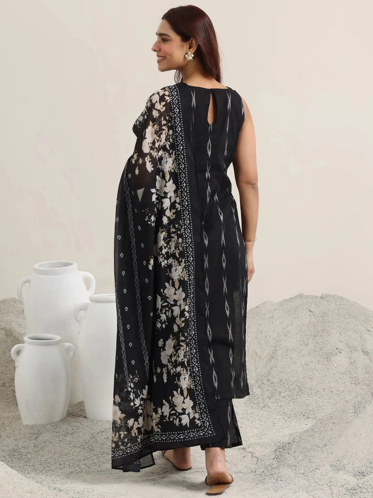 Black Woven Design Cotton Straight Suit with Dupatta.