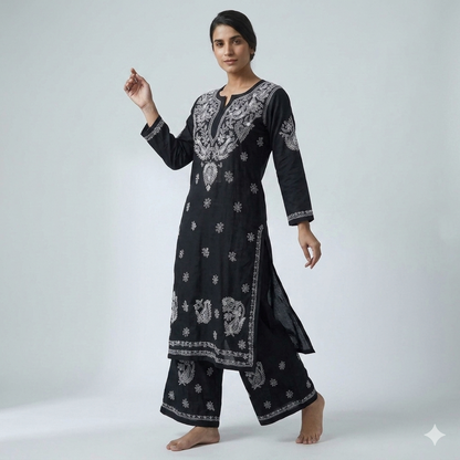 Black Cotton Chikankari Embroidered Kurta Palazzo Set For Women