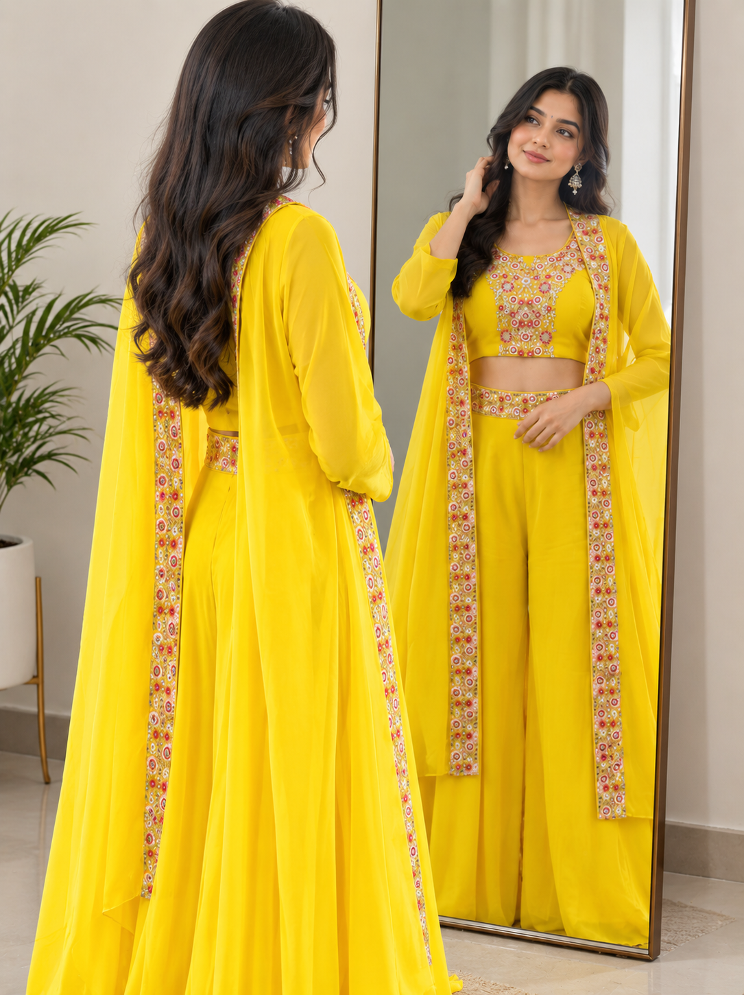 Women's Yellow Embroidered Crop Top with Palazzo and Long Jacket Set