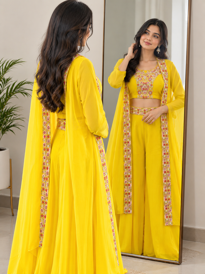 Women's Yellow Embroidered Crop Top with Palazzo and Long Jacket Set