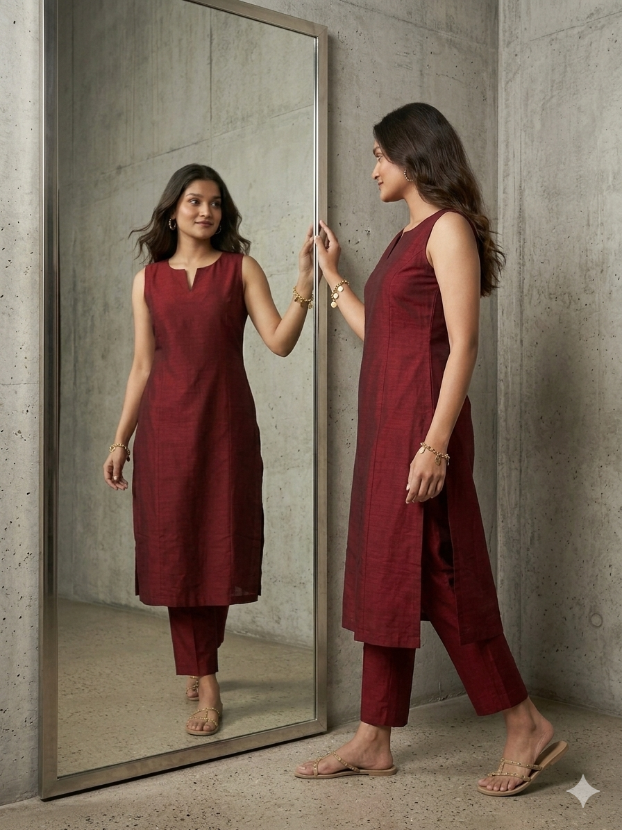 Sleeveless kurti with pants.