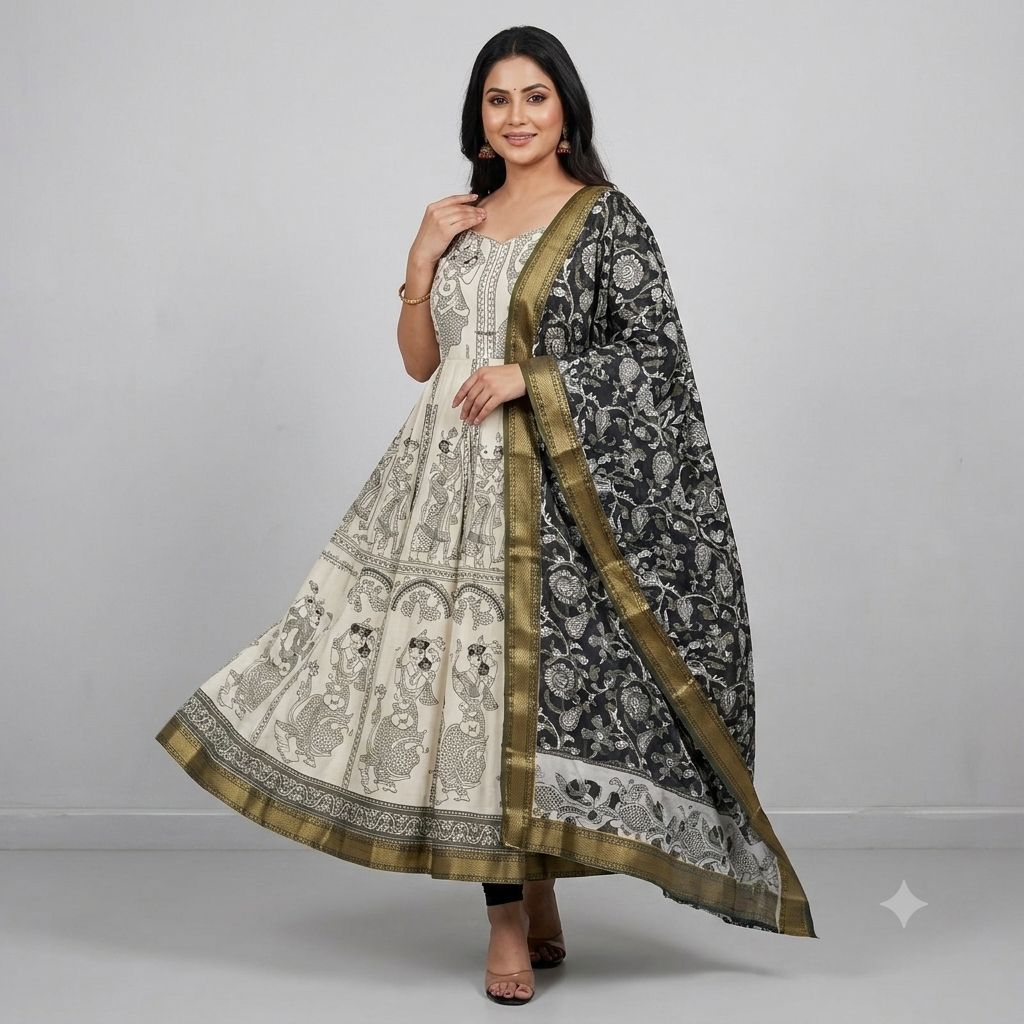 White Cotton Kalamkari Print Anarkali Gown For Women