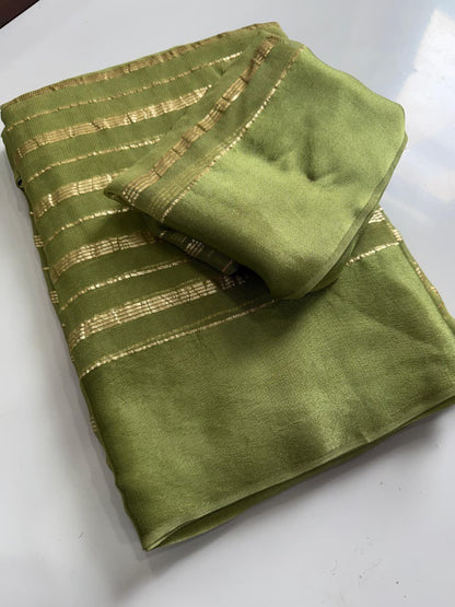 Green Silk Zari Striped Saree With Unstitched Blouse