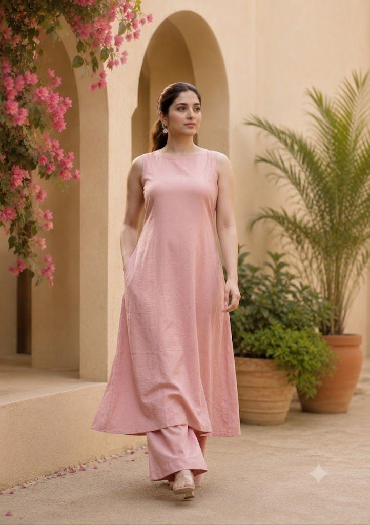 Pink Cotton Sleeveless Kurta With Palazzo Set For Women