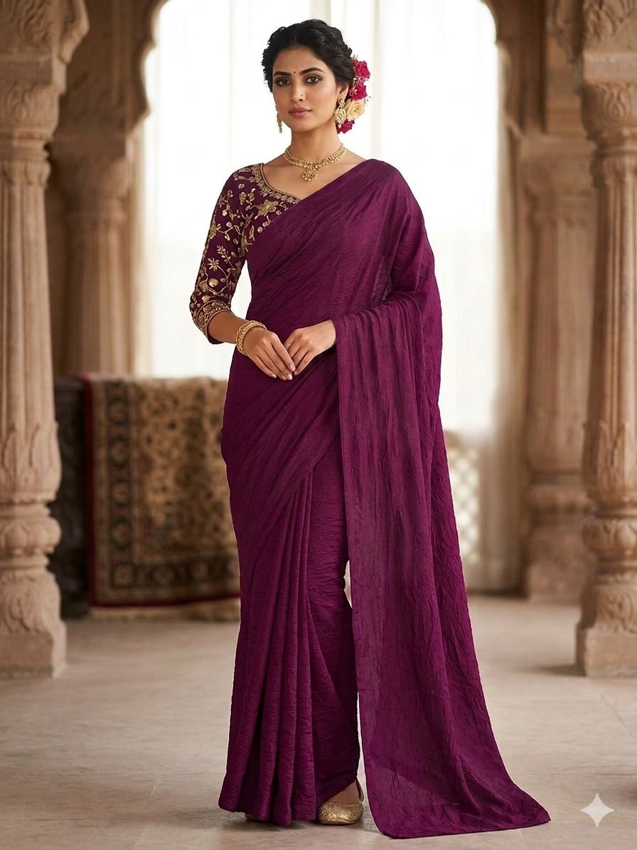 RANGOLI CRUSH SOLID SAREE WITH SEQUENCE EMBROIDERED BLOUSE