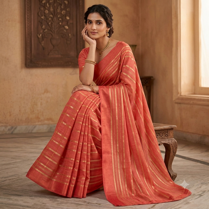 Red Silk Golden Zari Striped Border Saree For Women