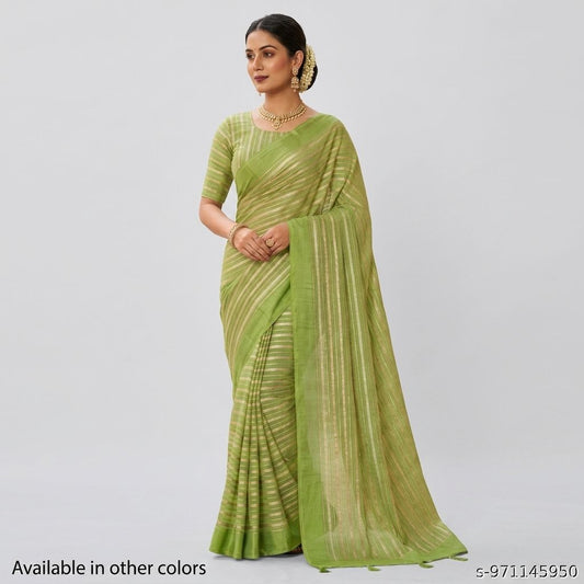 Green Silk Zari Striped Saree With Unstitched Blouse