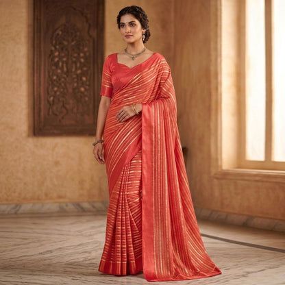 Red Silk Golden Zari Striped Border Saree For Women