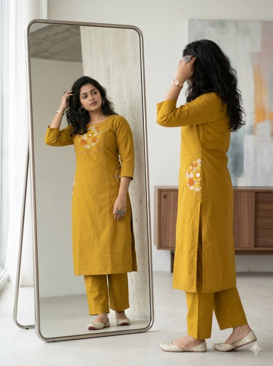 Cotton slub embroidered top with palazzo