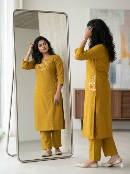 Cotton slub embroidered top with palazzo