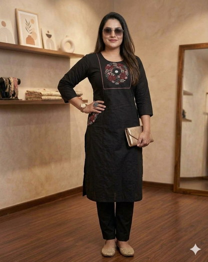 Cotton slub embroidered top with palazzo
