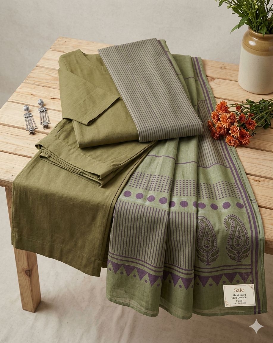 Green Cotton Straight Kurta Palazzo Set With Dupatta For Women