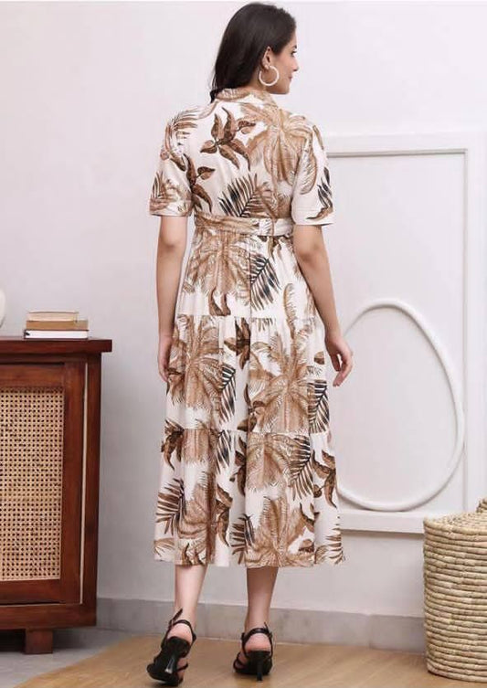 Beige And White Tropical Print Belted Shirt Midi Dress For Women