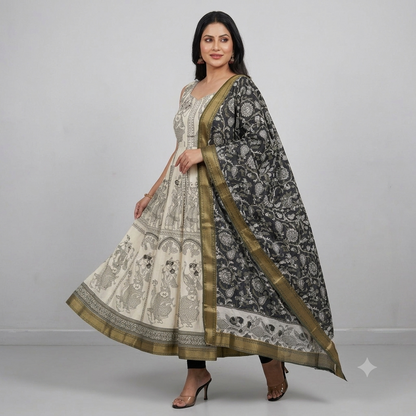 White Cotton Kalamkari Print Anarkali Gown For Women
